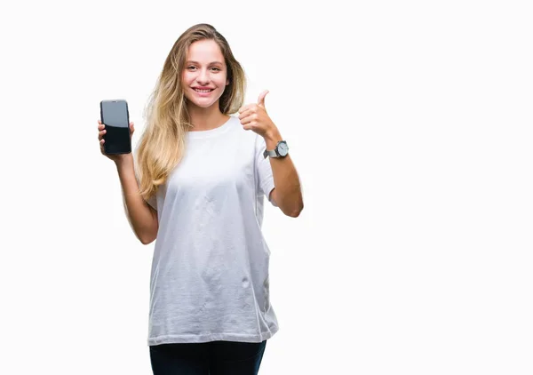Młoda Piękna Blondynka Pokazuje Ekran Smartfona Odosobnionym Tle Szczęśliwy Dużym — Zdjęcie stockowe