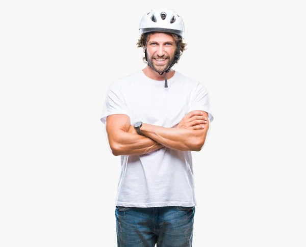 Handsome Hispanic Cyclist Man Wearing Safety Helmet Isolated Background Happy — Stock Photo, Image