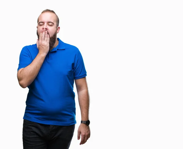 Jonge Kaukasische Hipster Man Blauw Shirt Dragen Geïsoleerde Achtergrond Verveeld — Stockfoto