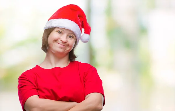 Mulher Adulta Jovem Com Síndrome Usando Chapéu Natal Sorrindo Com — Fotografia de Stock