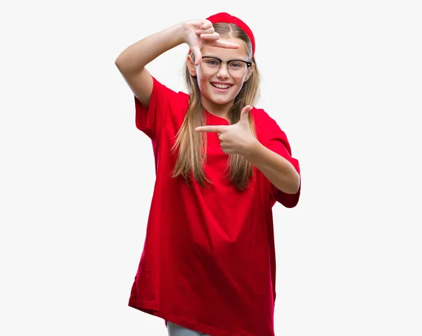 Joven Hermosa Chica Con Gafas Sobre Fondo Aislado Sonriendo Haciendo — Foto de Stock