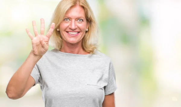 Блондинка Середнього Віку Над Ізольованим Тлом Показує Вказує Пальцями Номер — стокове фото