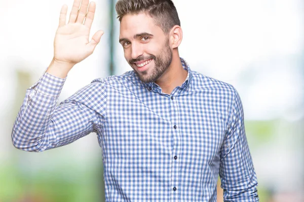 Joven Hombre Guapo Sobre Fondo Aislado Renuncia Decir Hola Feliz —  Fotos de Stock