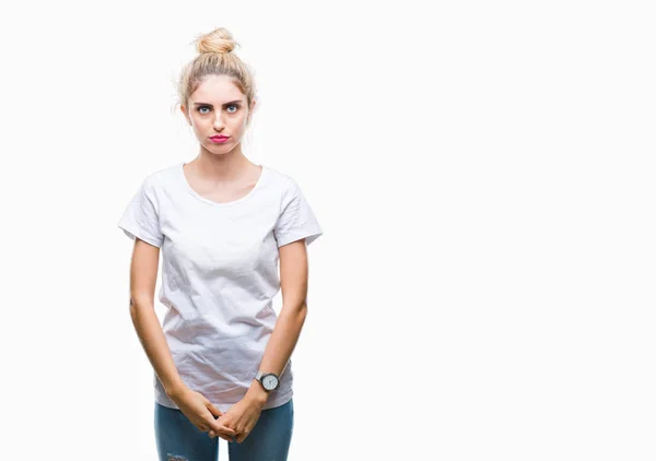 Młoda Piękna Kobieta Blonde Noszenie Shirt Biały Białym Tle Depresji — Zdjęcie stockowe