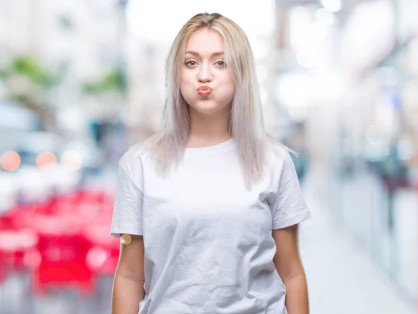 Young Blonde Woman Isolated Background Puffing Cheeks Funny Face Mouth — Stock Photo, Image