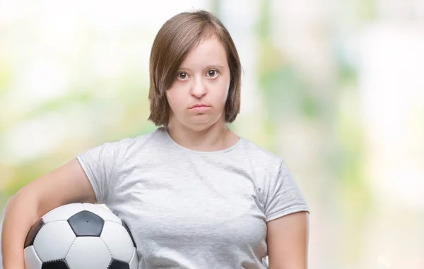 Mujer Adulta Joven Con Síndrome Sosteniendo Pelota Fútbol — Foto de Stock