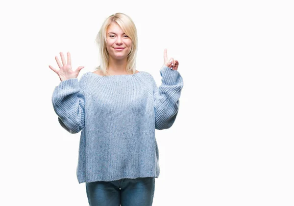 Unga Vackra Blonda Kvinnan Bär Vinter Tröja Över Isolerade Bakgrund — Stockfoto