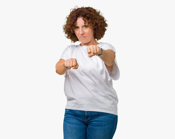 Schöne Seniorin Mittleren Alters Trägt Weißes Shirt Über Isoliertem Hintergrund — Stockfoto