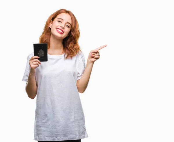 Jovem Bela Mulher Segurando Passaporte Canadá Sobre Fundo Isolado Muito — Fotografia de Stock