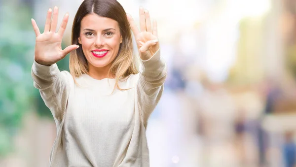 Joven Hermosa Mujer Suéter Blanco Casual Sobre Fondo Aislado Mostrando — Foto de Stock