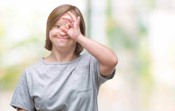 Junge Erwachsene Frau Mit Syndrom Macht Geste Mit Lächelnder Hand — Stockfoto