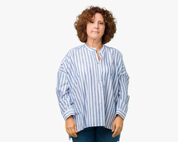 Beautiful Middle Ager Senior Woman Wearing Navy Shirt Isolated Background — Stock Photo, Image