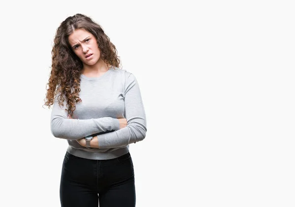 Mooie Brunette Krullend Haar Jong Meisje Dragen Een Trui Geïsoleerde — Stockfoto