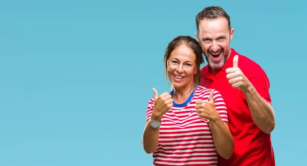 Middle Age Hispanic Couple Love Isolated Background Success Sign Doing — Stock Photo, Image