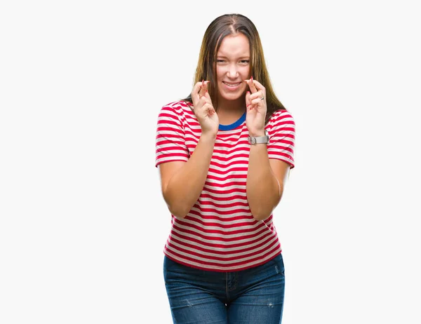 Mulher Bonita Caucasiana Jovem Sobre Fundo Isolado Sorrindo Cruzando Dedos — Fotografia de Stock