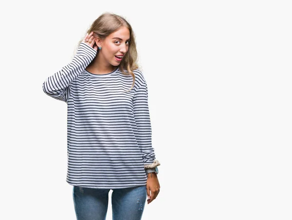 Beautiful Young Blonde Woman Wearing Stripes Sweater Isolated Background Smiling — Stock Photo, Image