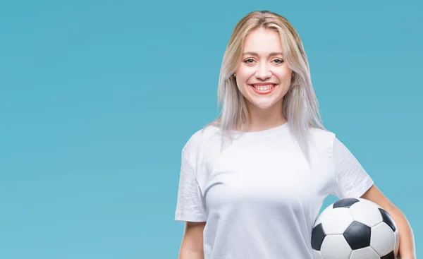 Young Blonde Woman Holding Soccer Football Ball Isolated Background Happy — Stock Photo, Image