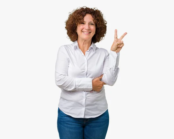 Senior Business Piękne Środkowym Ager Kobieta Białym Tle Uśmiechnięty Szczęśliwy — Zdjęcie stockowe