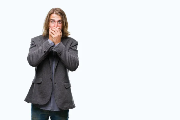 Young Handsome Business Man Long Hair Isolated Background Shocked Covering — Stock Photo, Image