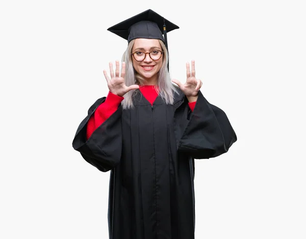 Young Blonde Woman Wearing Graduate Uniform Isolated Background Showing Pointing — Stock Photo, Image