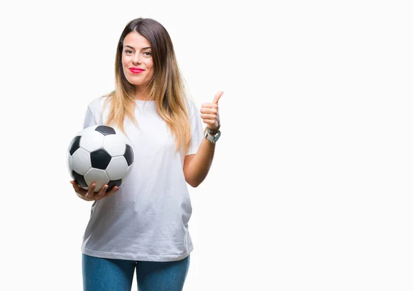 Junge Schöne Frau Hält Fußball Über Isolierten Hintergrund Glücklich Mit — Stockfoto