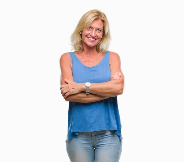 Mulher Loira Meia Idade Sobre Fundo Isolado Rosto Feliz Sorrindo — Fotografia de Stock