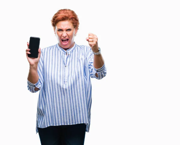 Atrractive Senior Caucasian Redhead Woman Showing Smartphone Screen Isolated Background — Stock Photo, Image