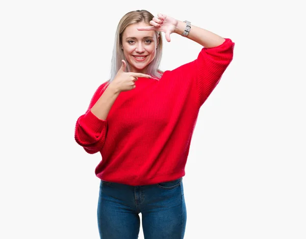 Young Blonde Woman Wearing Winter Sweater Isolated Background Smiling Making — Stock Photo, Image