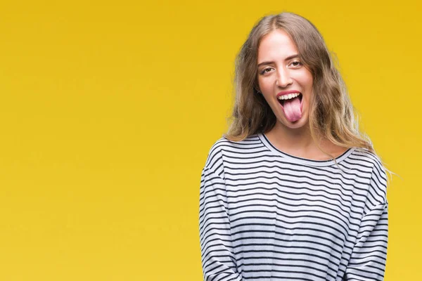 Schöne Junge Blonde Frau Streifen Pullover Über Isoliertem Hintergrund Streckt — Stockfoto