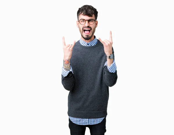 Fiatal Jóképű Intelligens Ember Visel Szemüveget Elszigetelt Háttér Őrült Kifejezés — Stock Fotó
