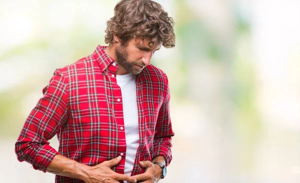 Bonito Homem Modelo Hispânico Sobre Fundo Isolado Com Mão Estômago — Fotografia de Stock