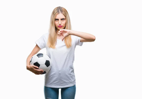Young Beautiful Blonde Woman Holding Soccer Ball Isolated Background Angry — Stock Photo, Image