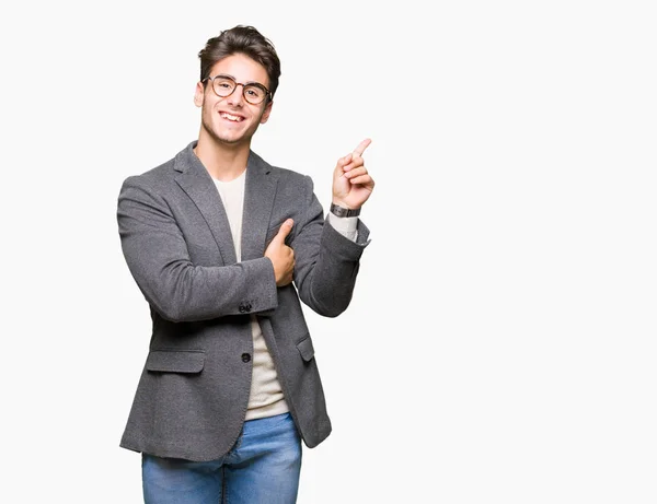 Jonge Business Man Dragen Bril Geïsoleerde Achtergrond Wijzen Met Vinger — Stockfoto