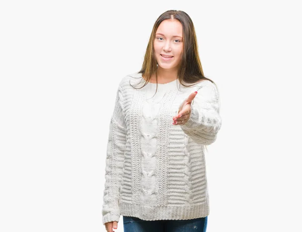 Young Beautiful Caucasian Woman Wearing Winter Sweater Isolated Background Smiling — Stock Photo, Image