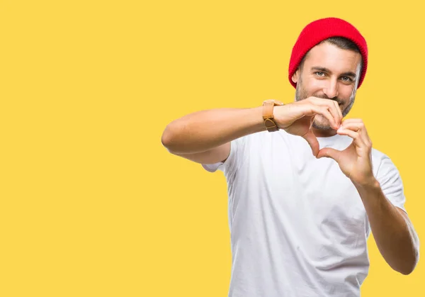 Jovem Homem Bonito Sobre Fundo Isolado Sorrindo Amor Mostrando Símbolo — Fotografia de Stock