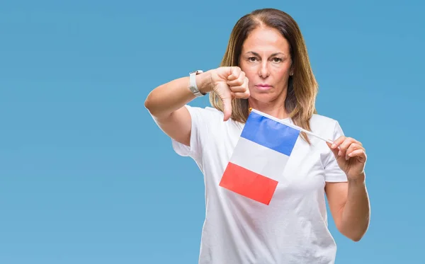 Middelbare Leeftijd Spaanse Vrouw Houdt Van Vlag Van Frankrijk Geïsoleerde — Stockfoto