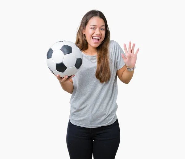 Junge Schöne Brünette Frau Hält Fußballball Über Isoliertem Hintergrund Sehr — Stockfoto