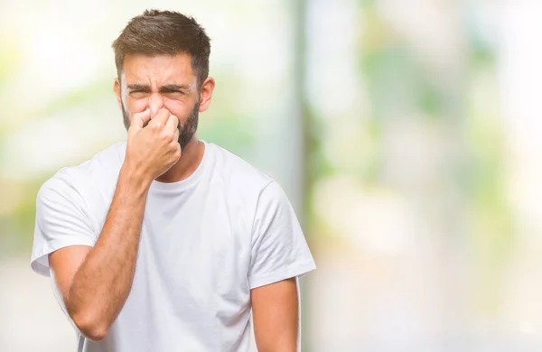 Adult Hispanic Man Isolated Background Smelling Something Stinky Disgusting Intolerable — Stock Photo, Image