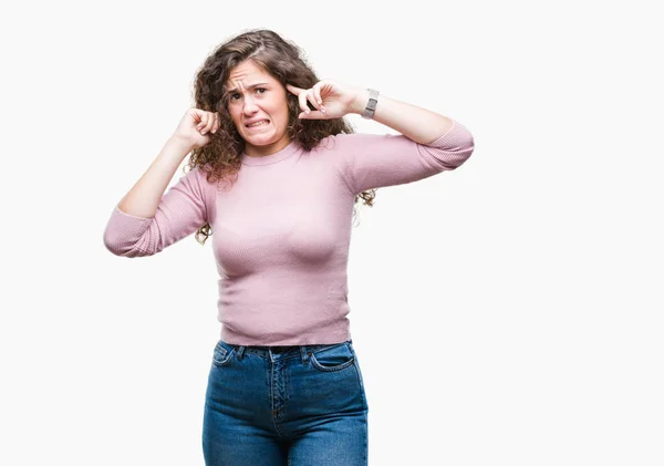 Beautiful Brunette Curly Hair Young Girl Wearing Pink Sweater Isolated — Stock Photo, Image