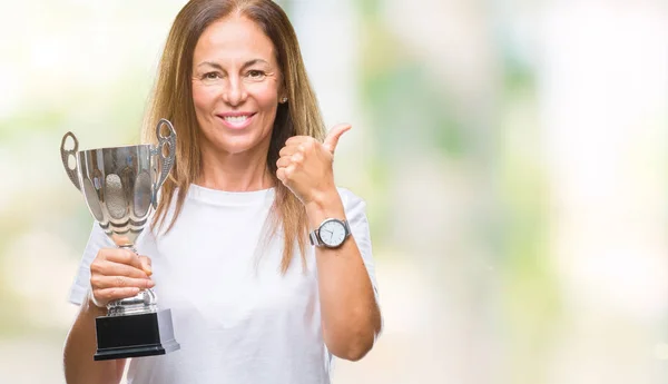 Middle Age Hispanic Winner Woman Celebrating Award Holding Trophy Isolated — Stock Photo, Image