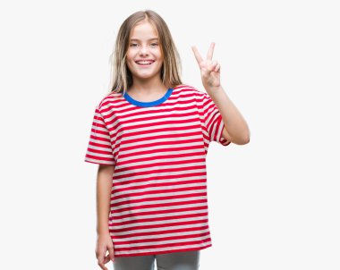 Genç güzel kız gösterilen ve parmakları ile işaret izole arka plan üzerinde ikincisi ise kendinden emin ve mutlu gülümseyerek.