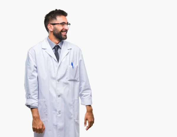 Adult Hispanic Scientist Doctor Man Wearing White Coat Isolated Background — Stock Photo, Image