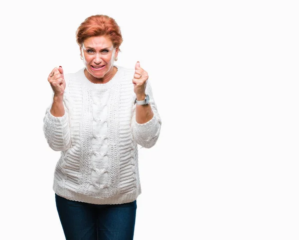 Atrractive Senior Caucasian Redhead Woman Wearing Winter Sweater Isolated Background — Stock Photo, Image