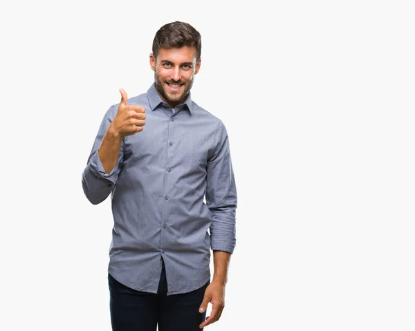 Joven Hombre Guapo Sobre Fondo Aislado Haciendo Pulgares Felices Gesto —  Fotos de Stock