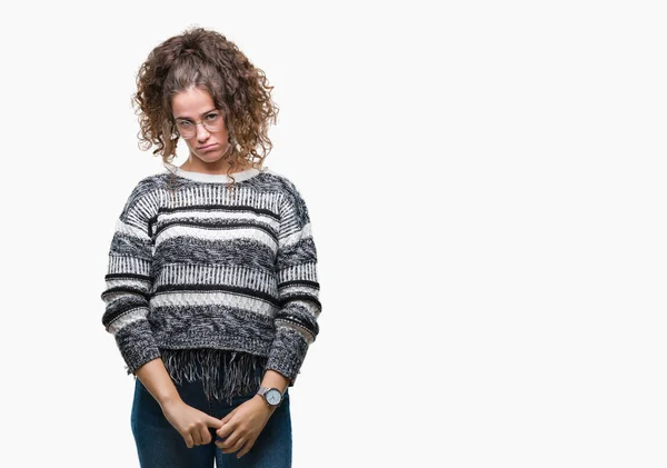 Mooie Brunette Krullend Haar Jong Meisje Met Bril Geïsoleerde Achtergrond — Stockfoto