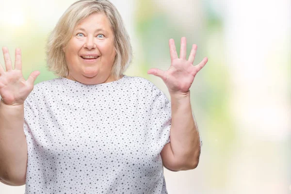 Senior Size Kaukasierin Über Isoliertem Hintergrund Die Mit Finger Nummer — Stockfoto