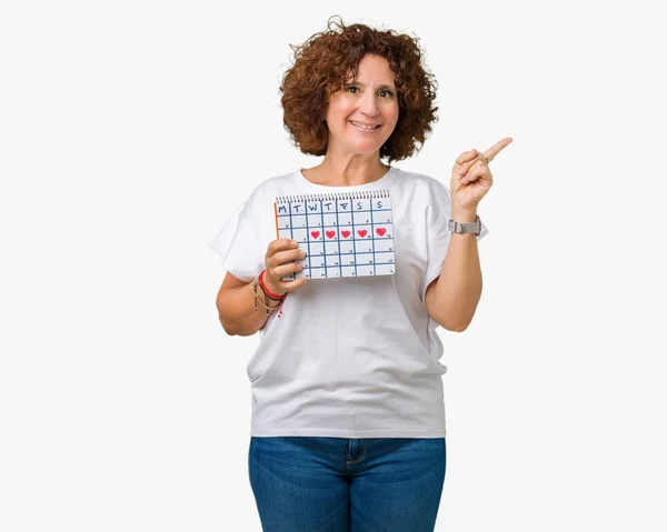 Mujer Mediana Edad Ager Celebración Calendario Menstruación Sobre Fondo Aislado — Foto de Stock