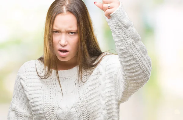 Jonge Mooie Kaukasische Vrouw Winter Trui Dragen Geïsoleerd Achtergrond Boos — Stockfoto