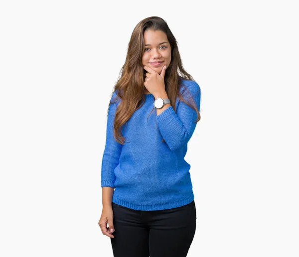 Junge Schöne Brünette Frau Mit Blauem Pullover Vor Isoliertem Hintergrund — Stockfoto