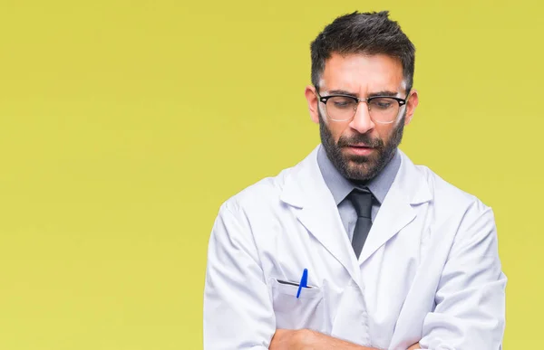 Adult Hispanic Scientist Doctor Man Wearing White Coat Isolated Background — Stock Photo, Image